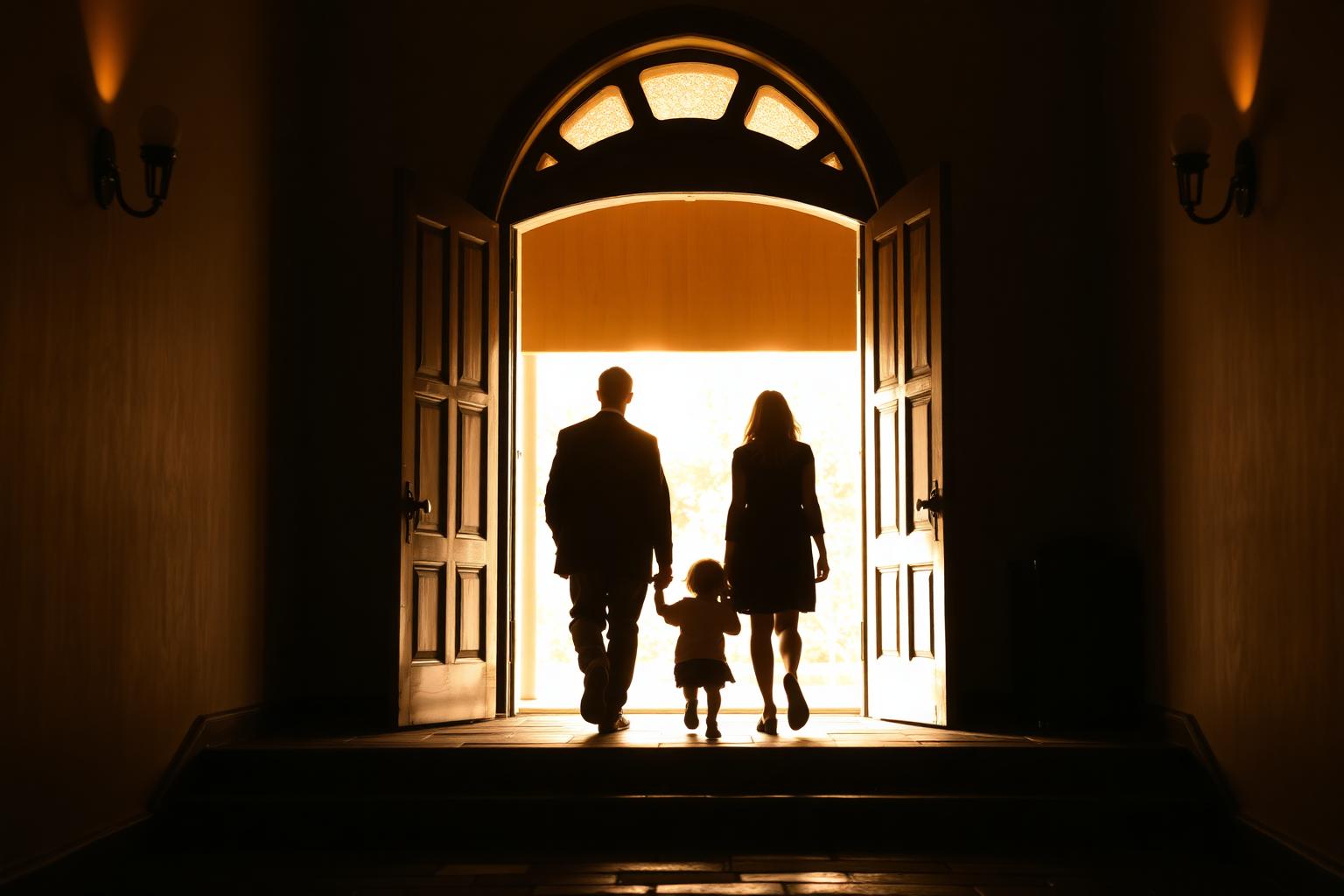 Welcoming silhouette of a family walking through an open church doorway at golden hour — a warm, faith-centered visitor welcome scene.